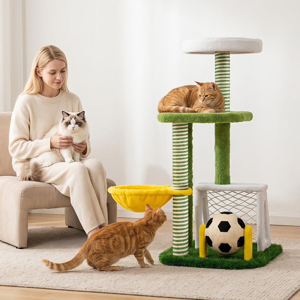 Green Multi-Level Cat Tree with Perches & Soccer Play Features for Indoor Cats