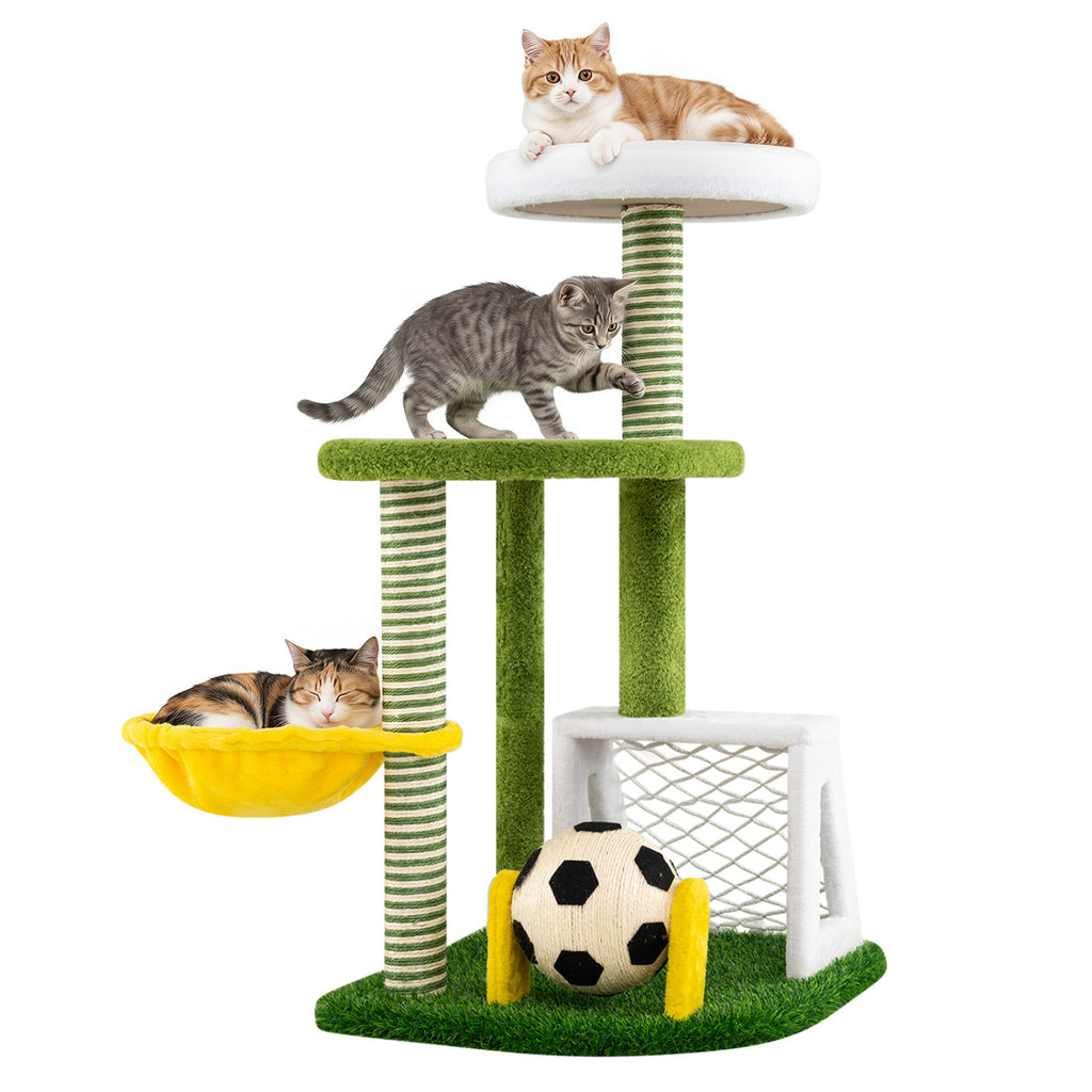Green Multi-Level Cat Tree with Perches & Soccer Play Features for Indoor Cats