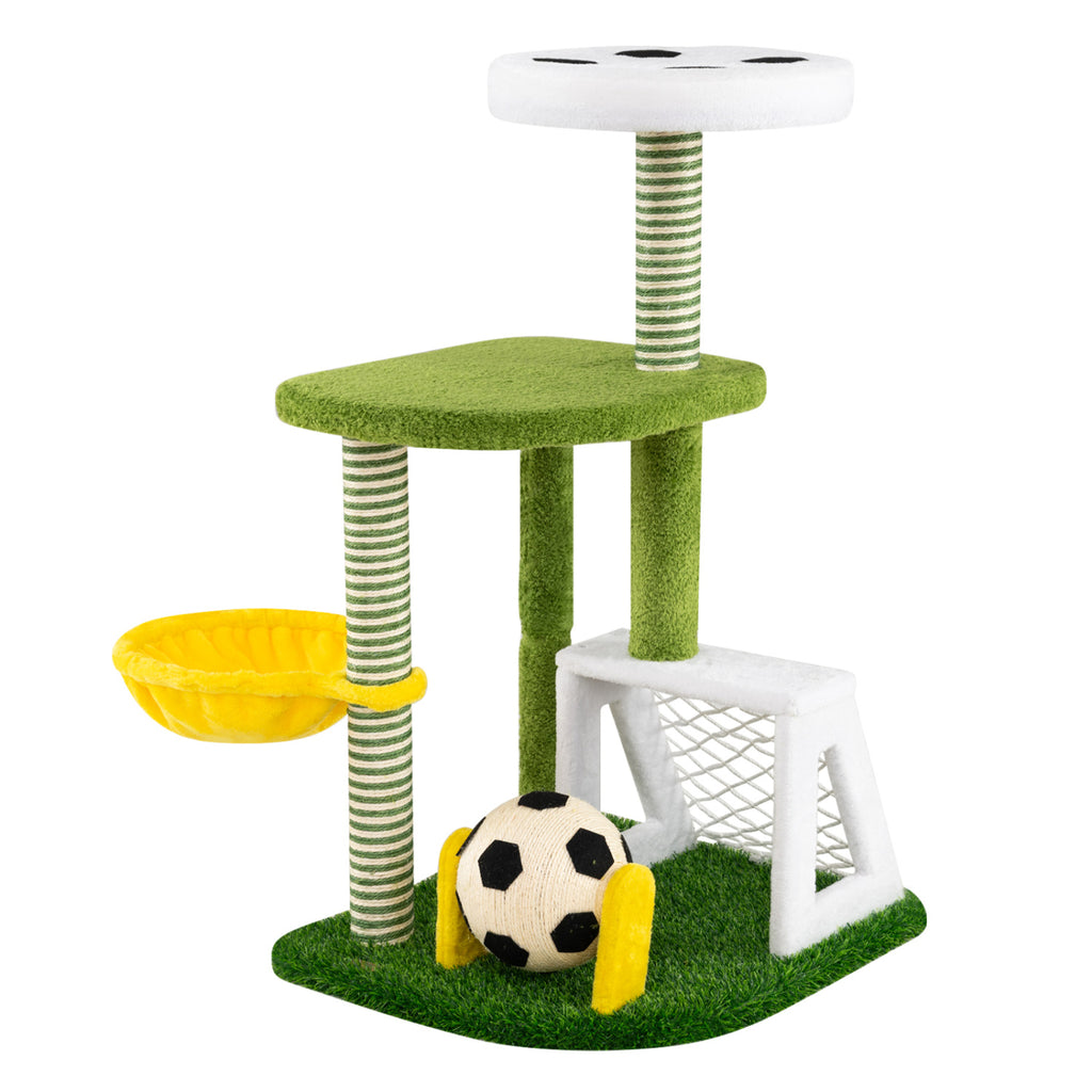 Green Multi-Level Cat Tree with Perches & Soccer Play Features for Indoor Cats