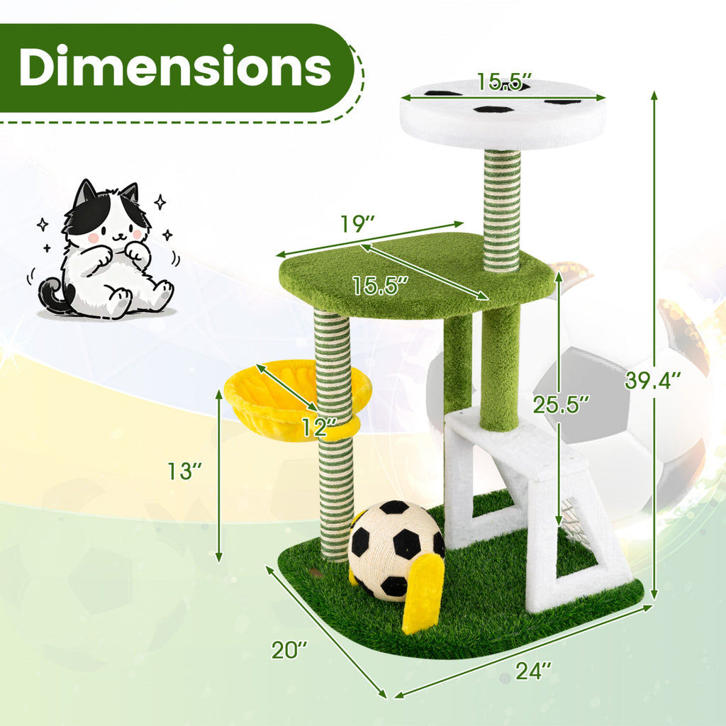 Green Multi-Level Cat Tree with Perches & Soccer Play Features for Indoor Cats