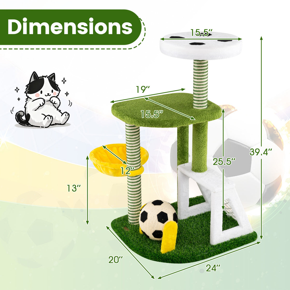 Green Multi-Level Cat Tree with Perches & Soccer Play Features for Indoor Cats