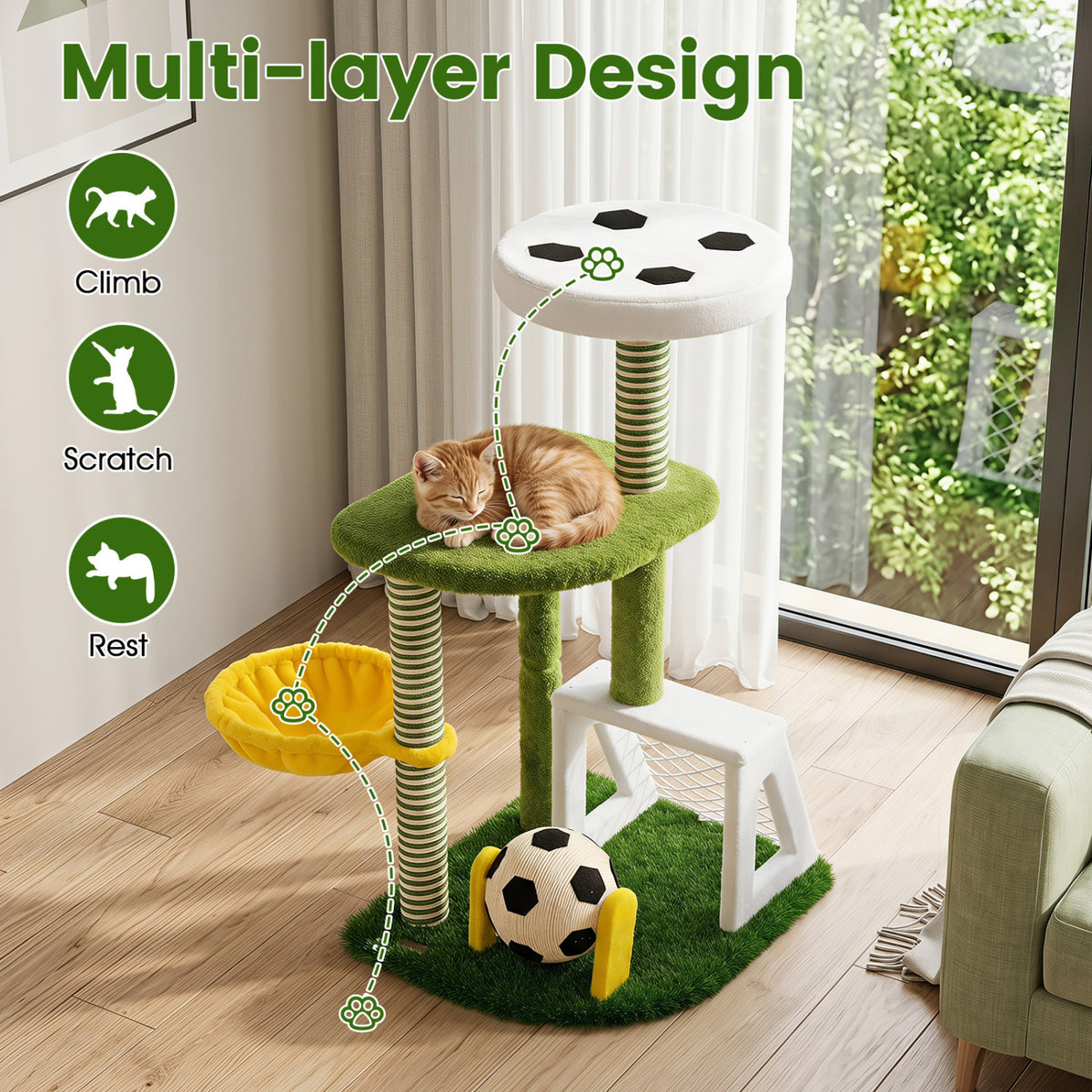 Green Multi-Level Cat Tree with Perches & Soccer Play Features for Indoor Cats
