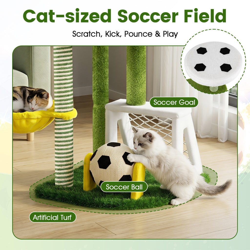 Green Multi-Level Cat Tree with Perches & Soccer Play Features for Indoor Cats