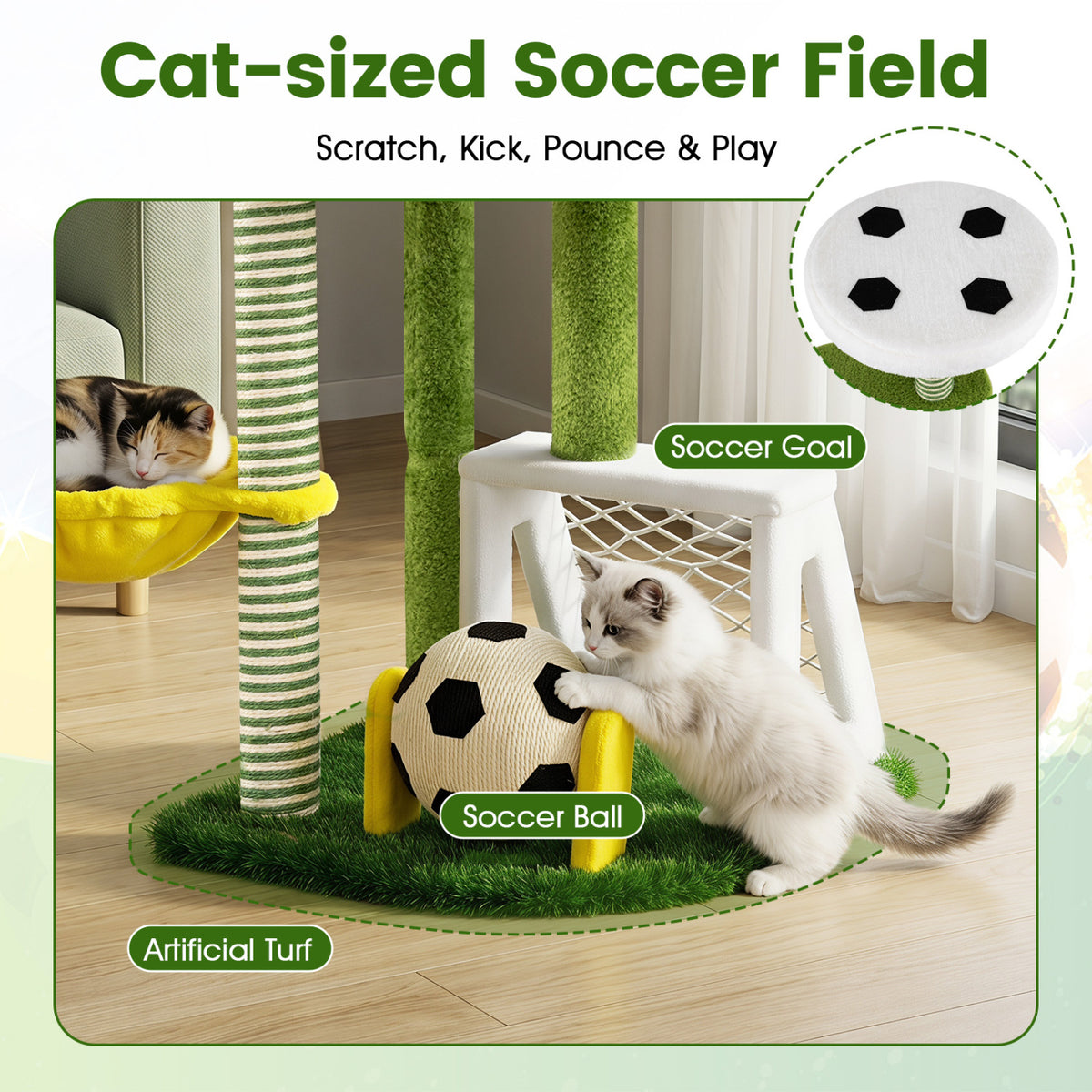 Green Multi-Level Cat Tree with Perches & Soccer Play Features for Indoor Cats