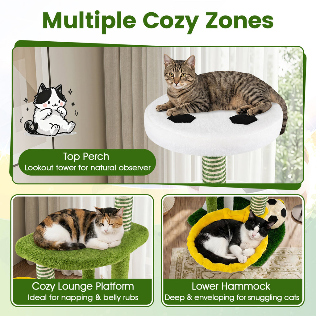 Green Multi-Level Cat Tree with Perches & Soccer Play Features for Indoor Cats