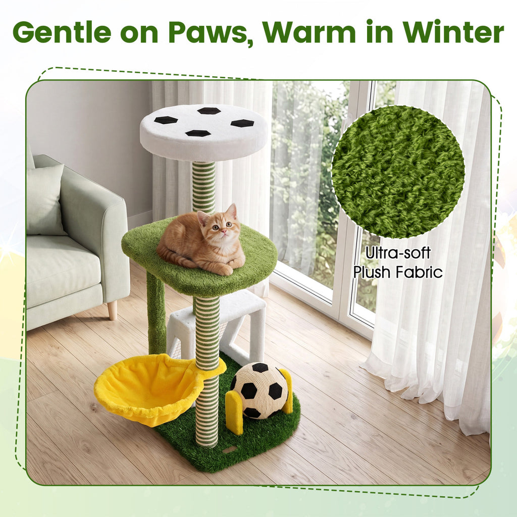 Green Multi-Level Cat Tree with Perches & Soccer Play Features for Indoor Cats