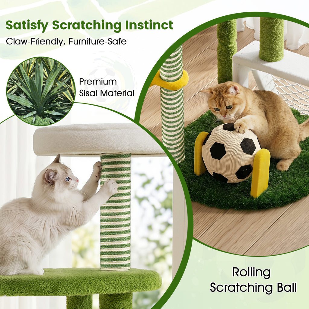 Green Multi-Level Cat Tree with Perches & Soccer Play Features for Indoor Cats
