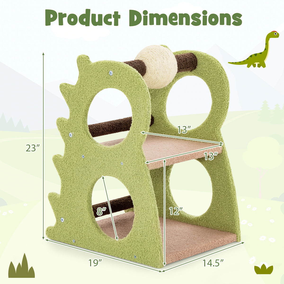 Green 2-Tier Modern Cat Tree with Rotatable Sisal Ball and Plush Fabric