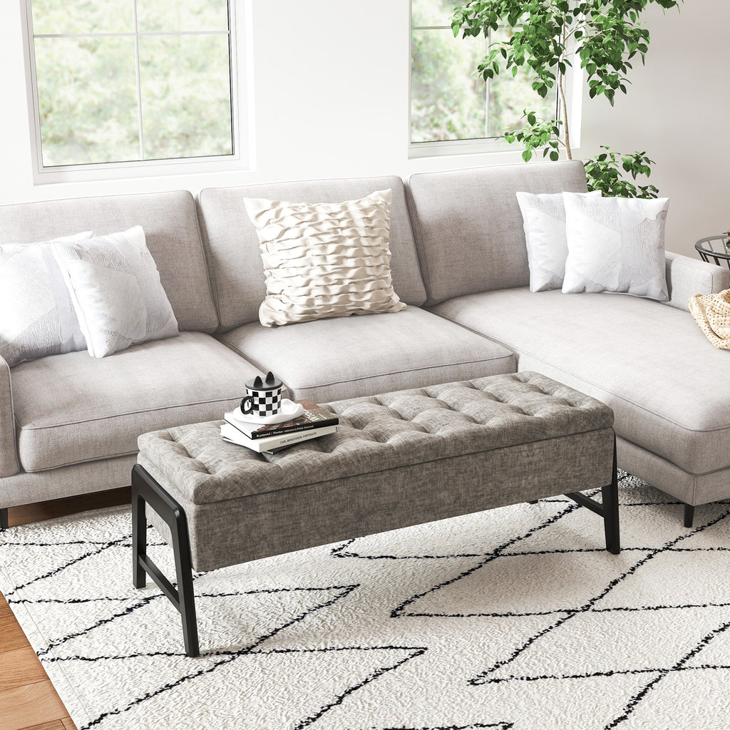 Modern Chenille Storage Bench with Solid Rubber Wood Legs