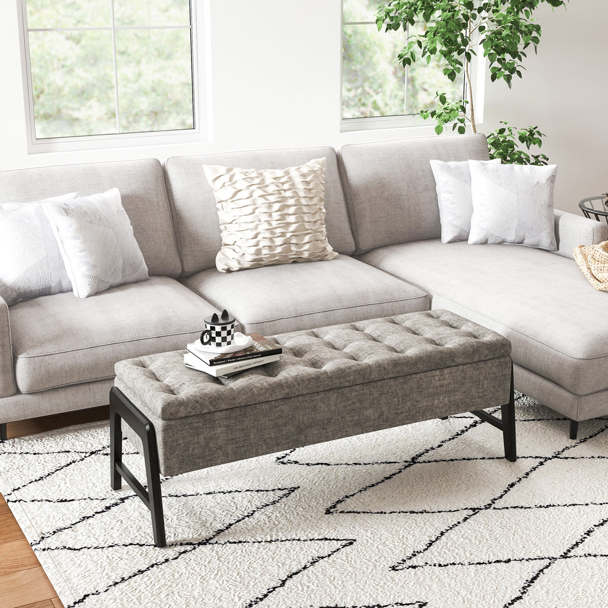 Modern Chenille Storage Bench with Solid Rubber Wood Legs