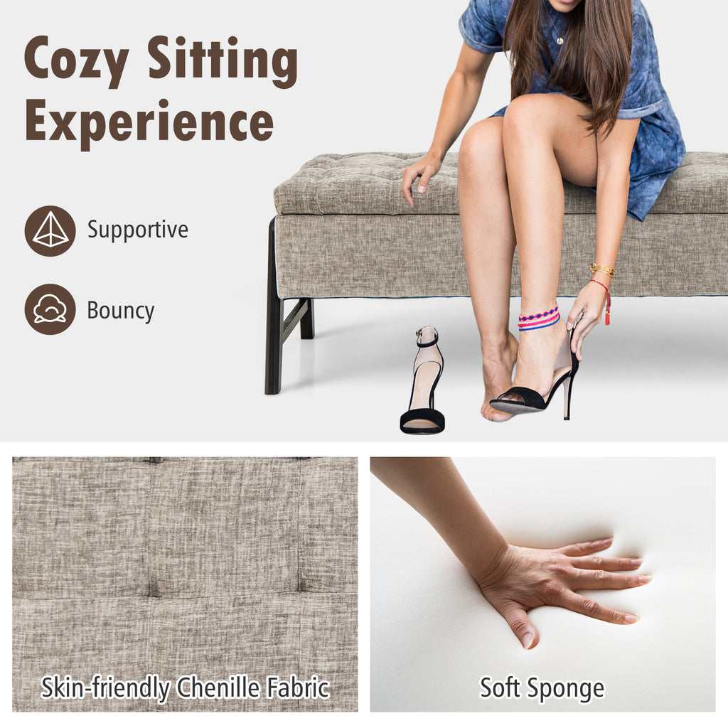 Modern Chenille Storage Bench with Solid Rubber Wood Legs