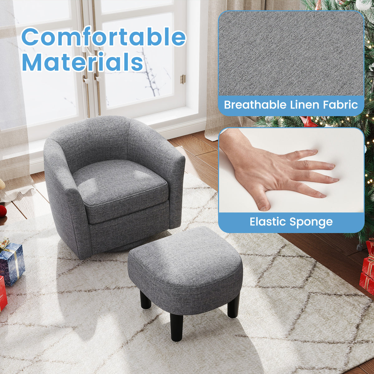 Linen Swivel Accent Chair with Ottoman Footrest, Gray