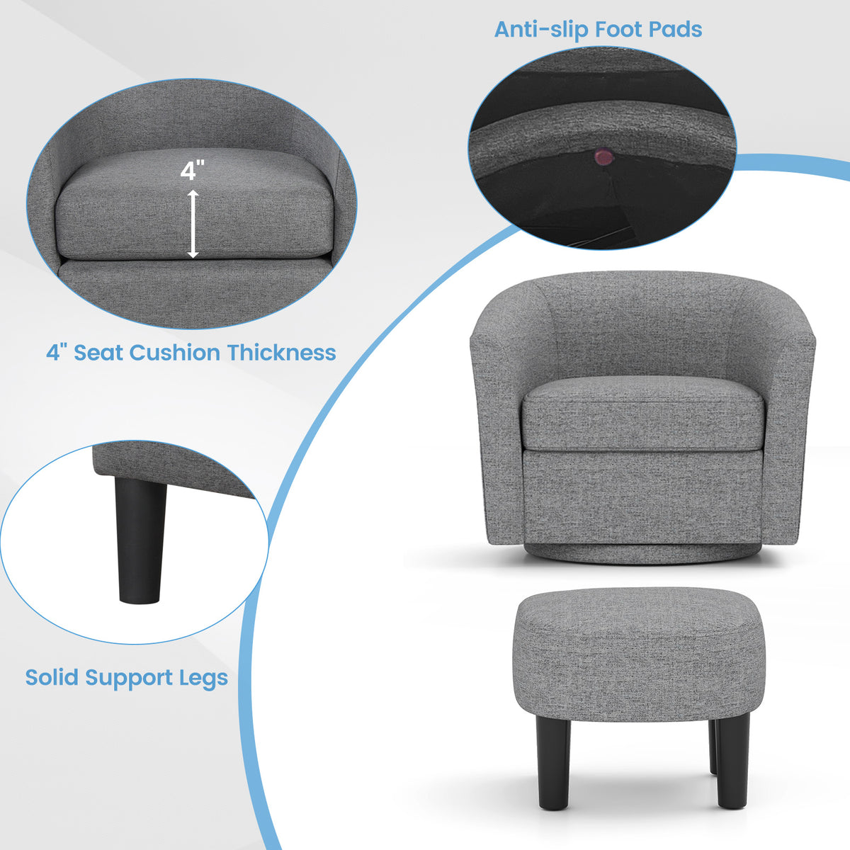 Linen Swivel Accent Chair with Ottoman Footrest, Gray
