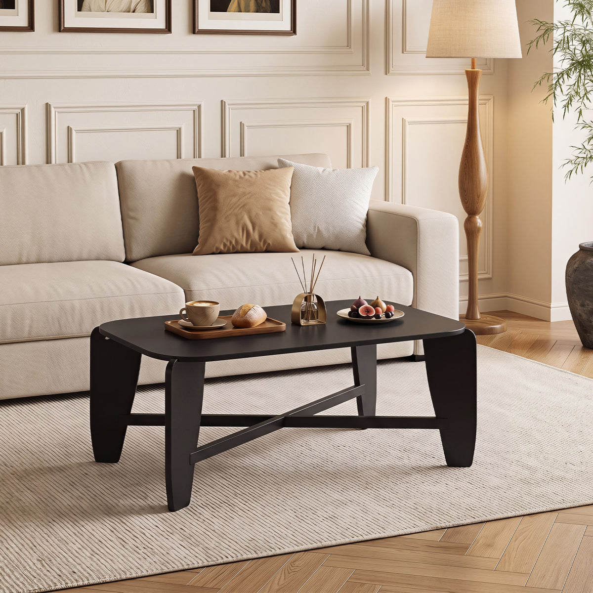 Modern Coffee Table with Cross-Leg Base - Black