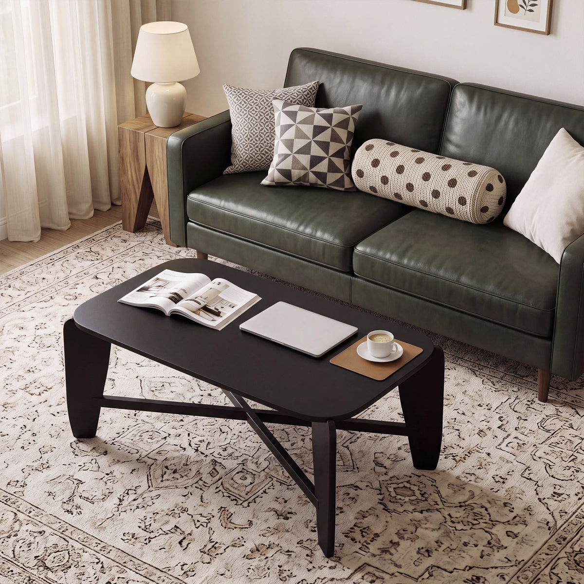 Modern Coffee Table with Cross-Leg Base - Black