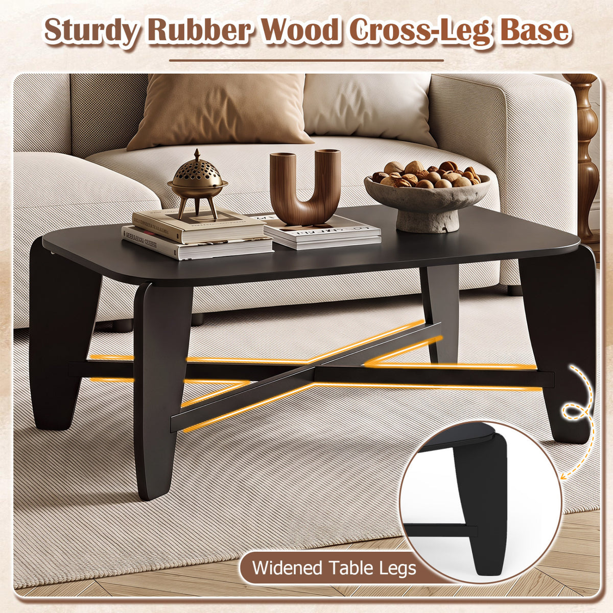 Modern Coffee Table with Cross-Leg Base - Black