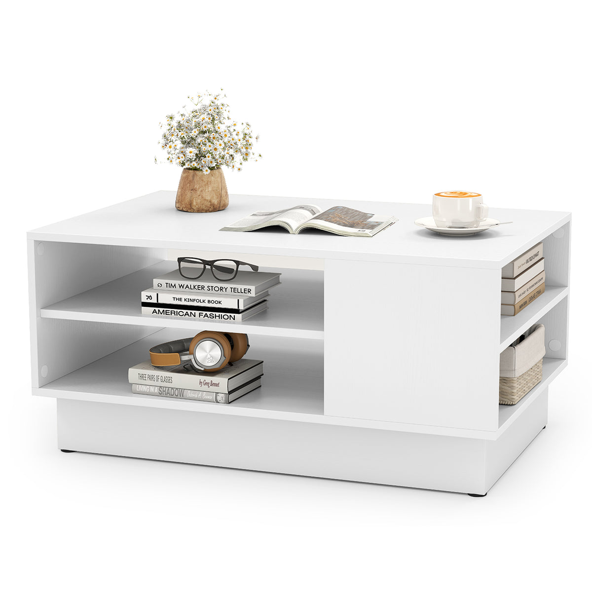 Modern Coffee Table with 2-Tier Storage - White