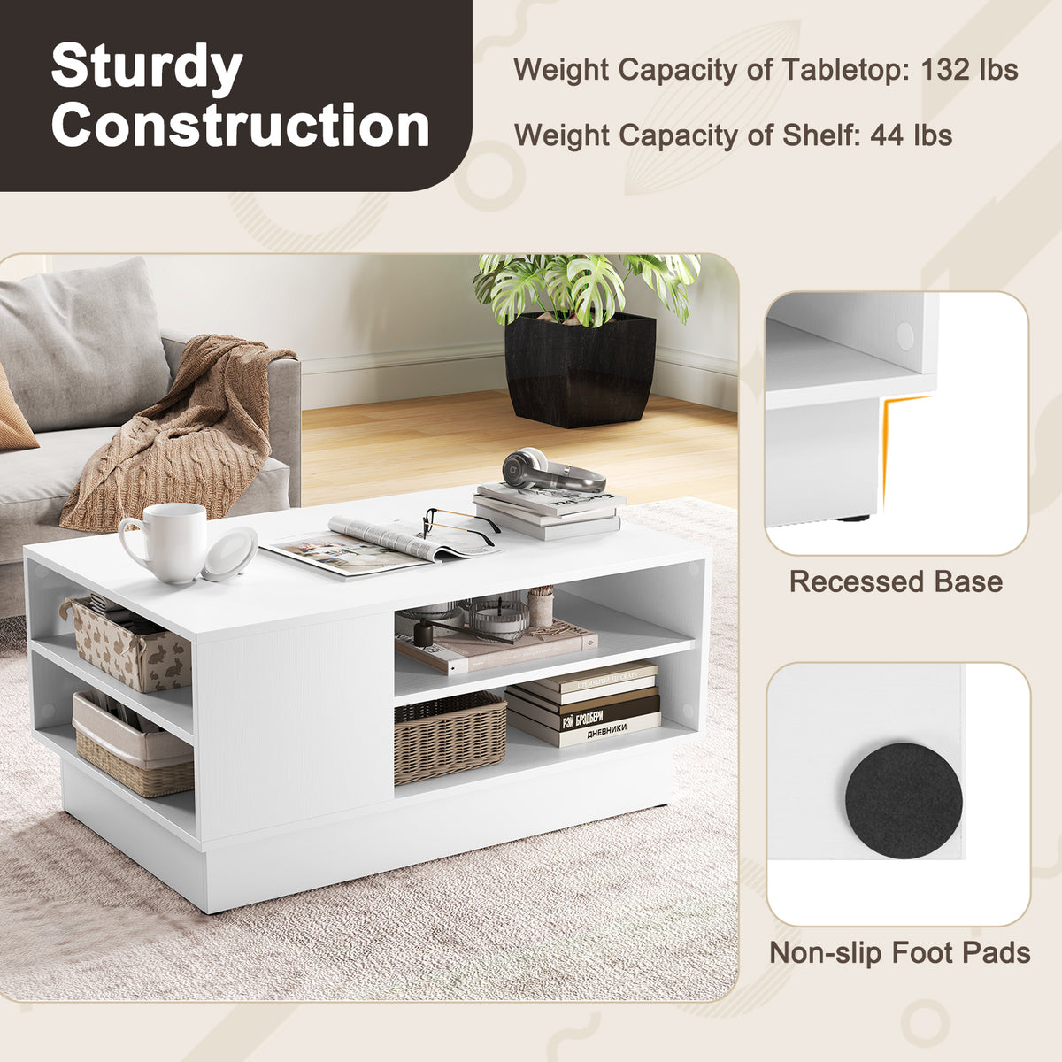 Modern Coffee Table with 2-Tier Storage - White