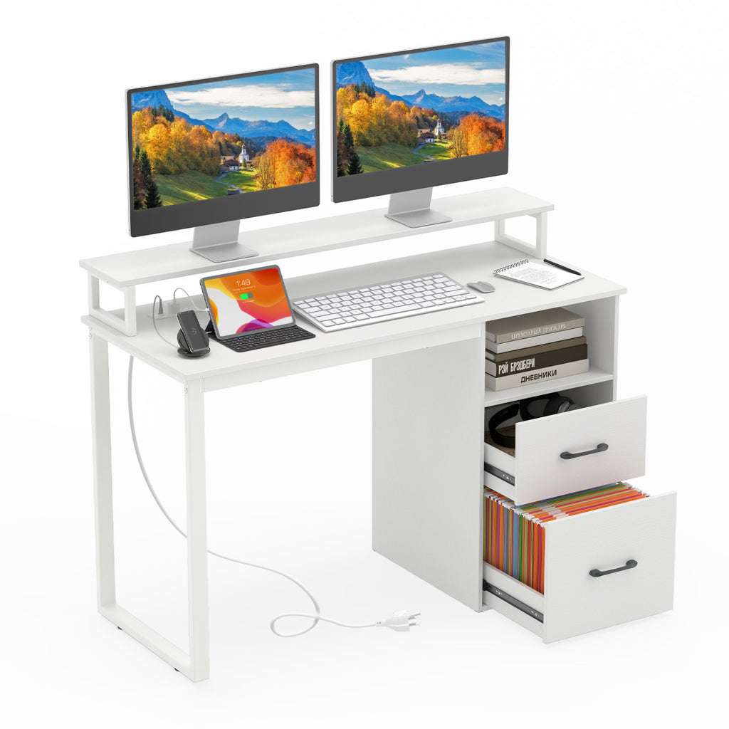 Computer Desk with Power Outlets & File Drawer - White