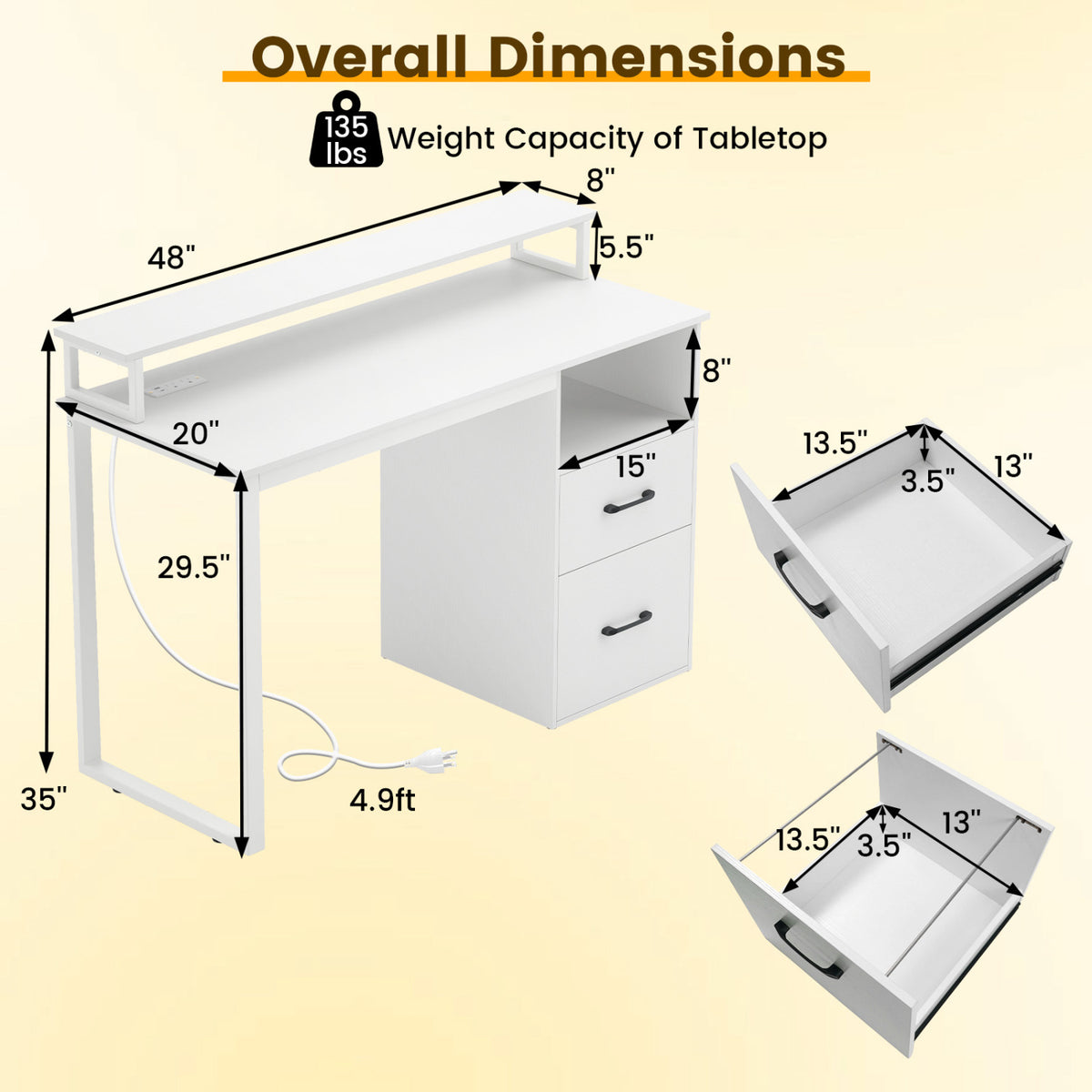 Computer Desk with Power Outlets & File Drawer - White