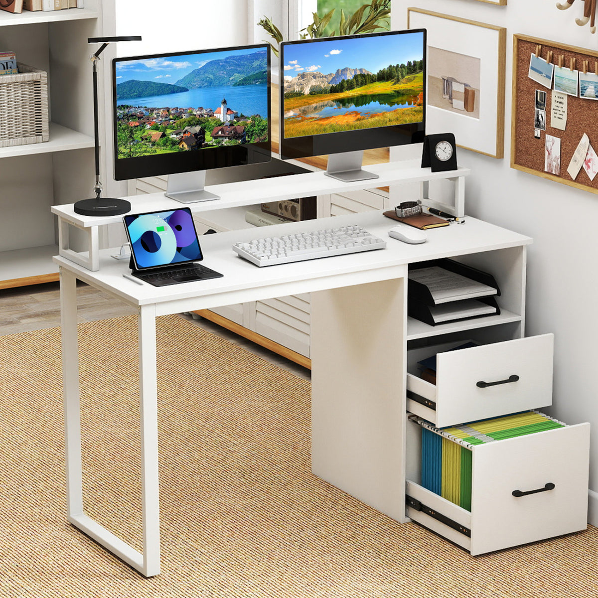 Computer Desk with Power Outlets & File Drawer - White