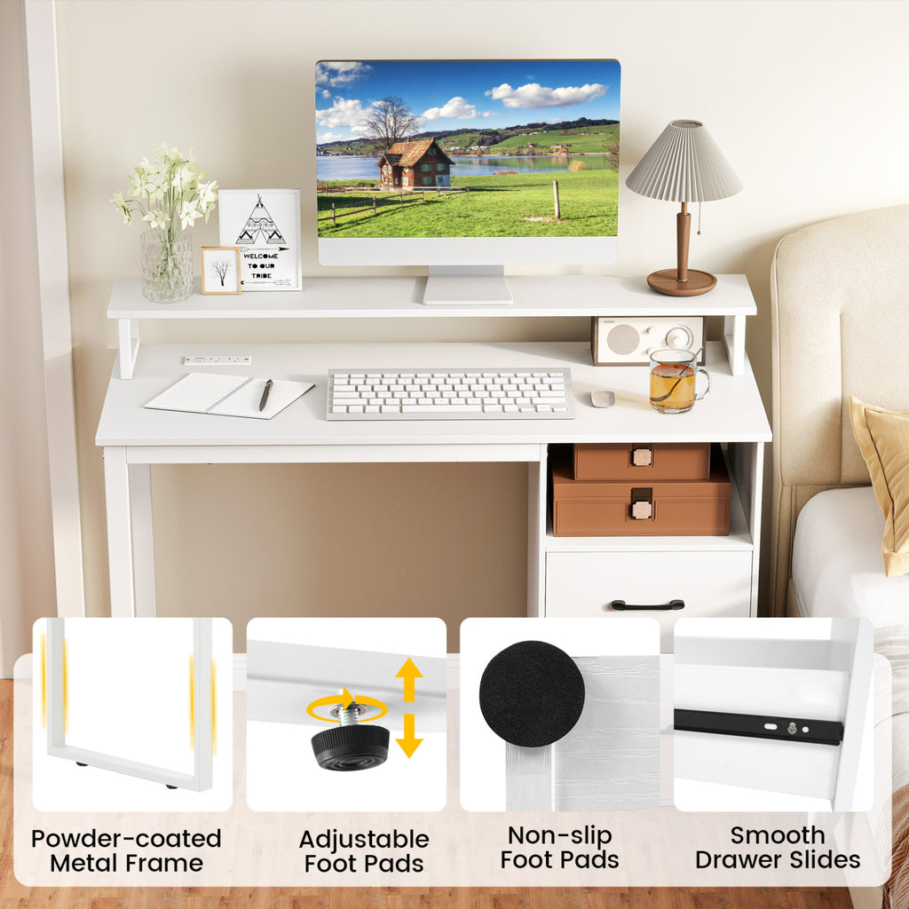 Computer Desk with Power Outlets & File Drawer - White