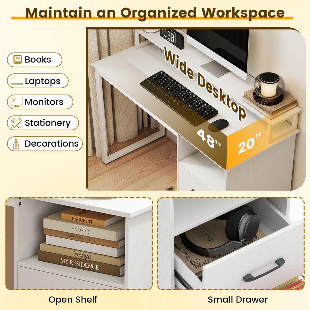 Computer Desk with Power Outlets & File Drawer - White