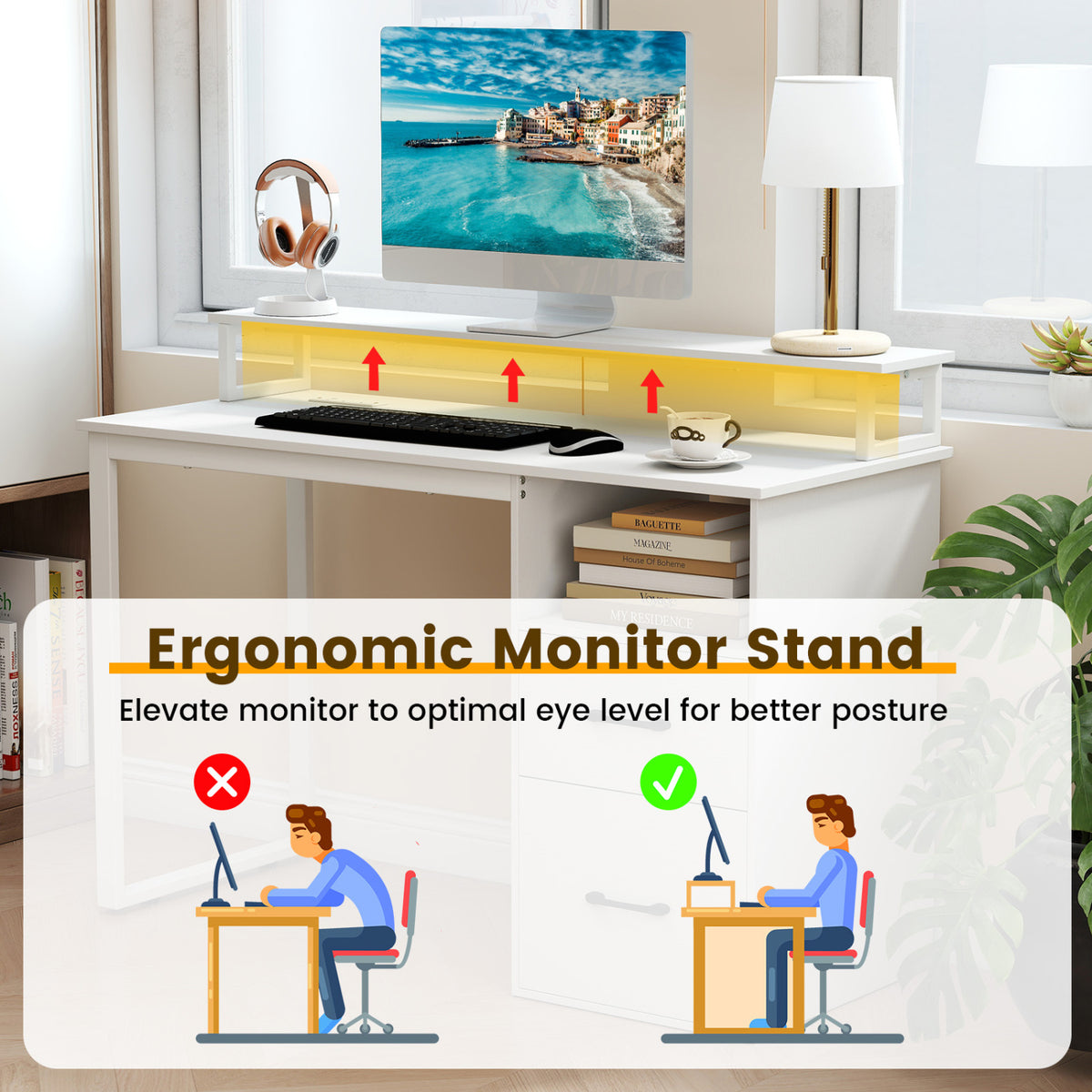 Computer Desk with Power Outlets & File Drawer - White