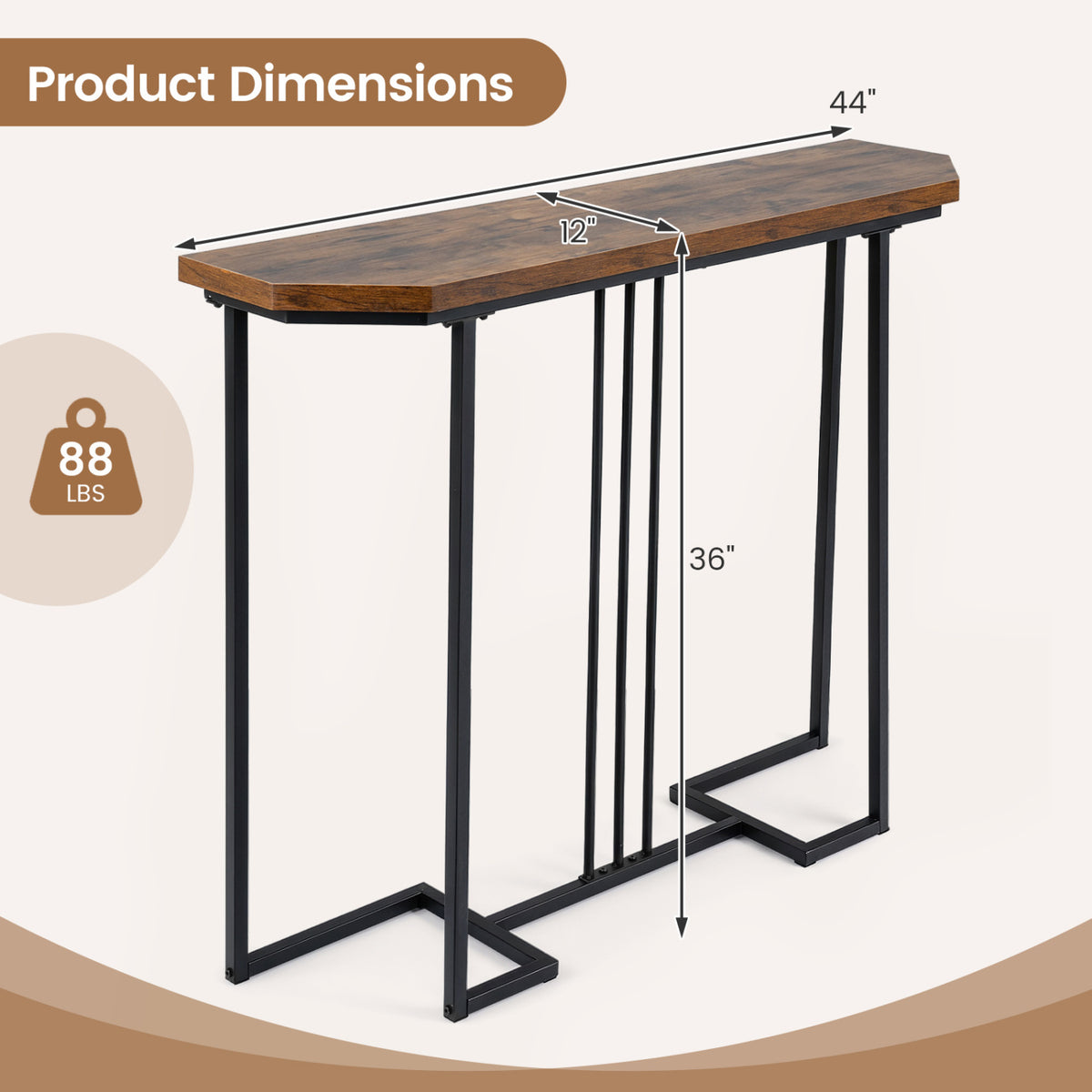 Modern Console Table Narrow Entryway - Rustic Brown