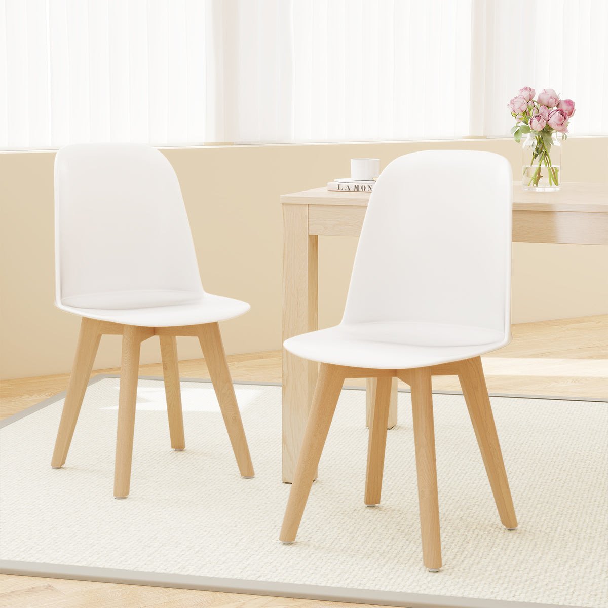 Dining Chair Set of 2 - White, Beech Wood Legs, Tilt Backrest