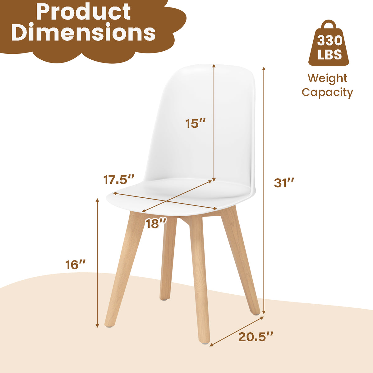 Dining Chair Set of 2 - White, Beech Wood Legs, Tilt Backrest