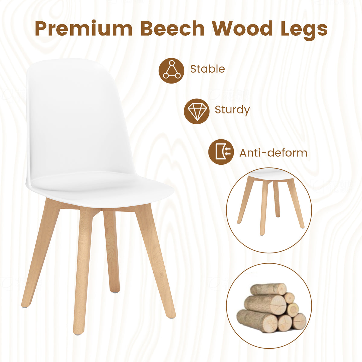 Dining Chair Set of 2 - White, Beech Wood Legs, Tilt Backrest