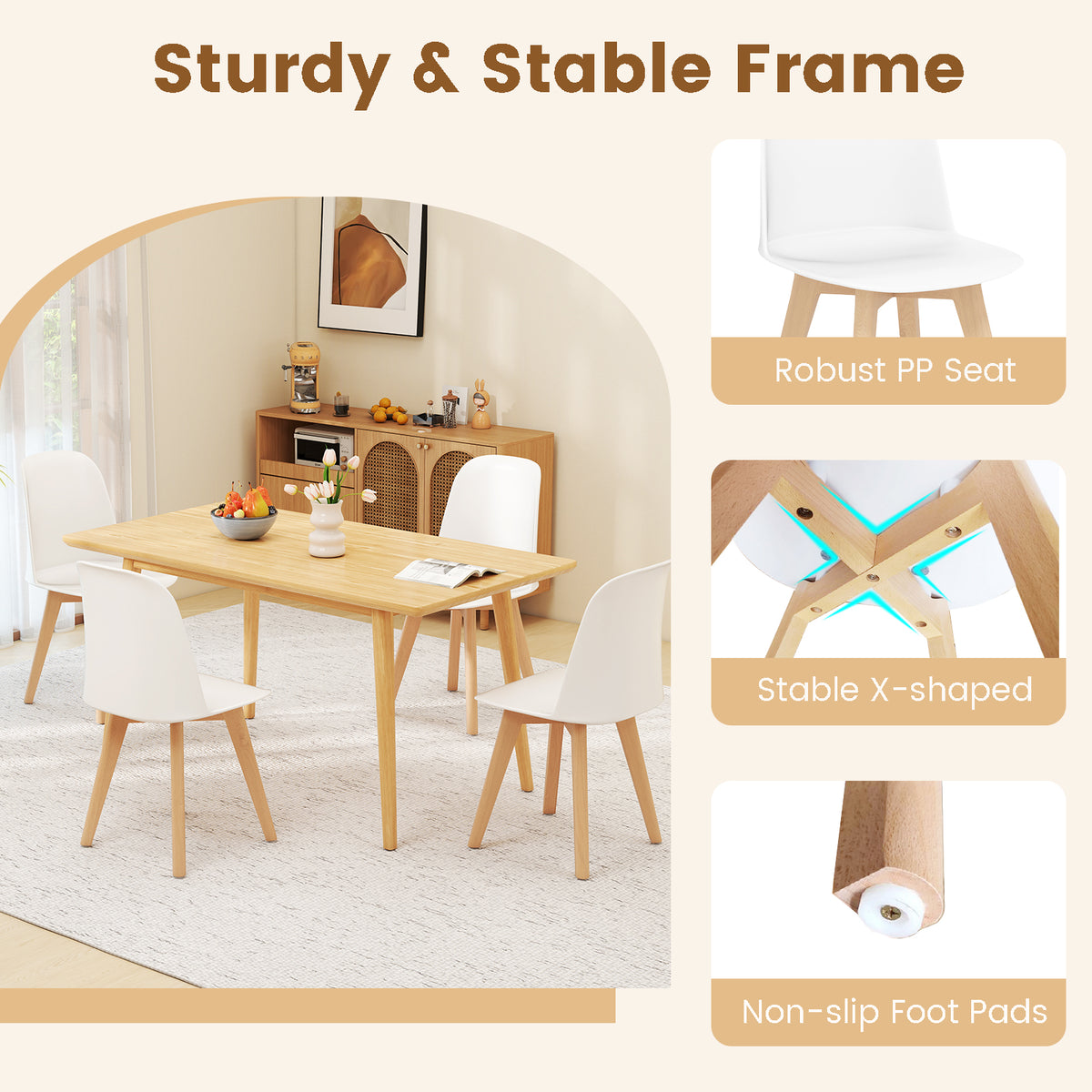 Dining Chair Set of 2 - White, Beech Wood Legs, Tilt Backrest