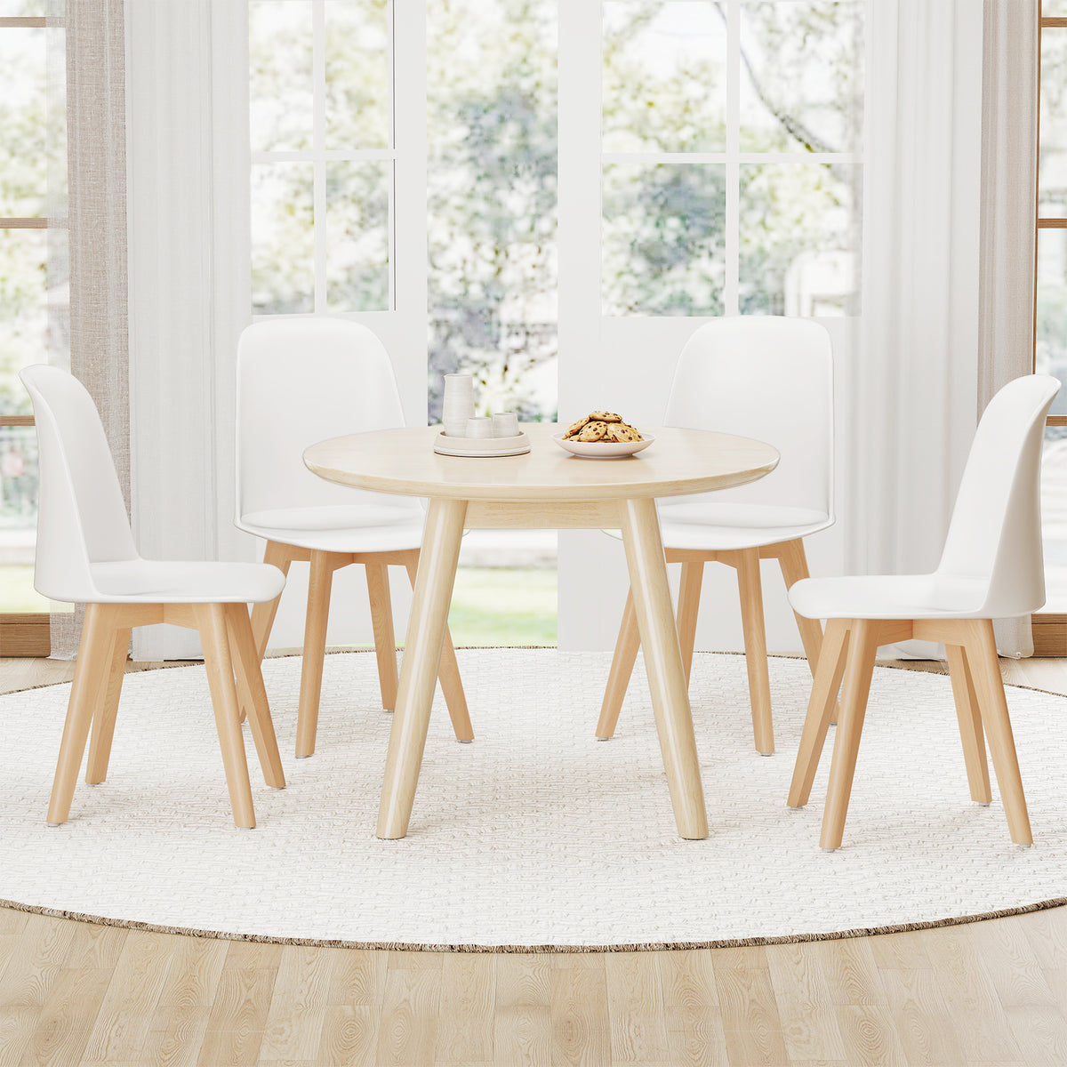 Dining Chair Set of 2 - White, Beech Wood Legs, Tilt Backrest