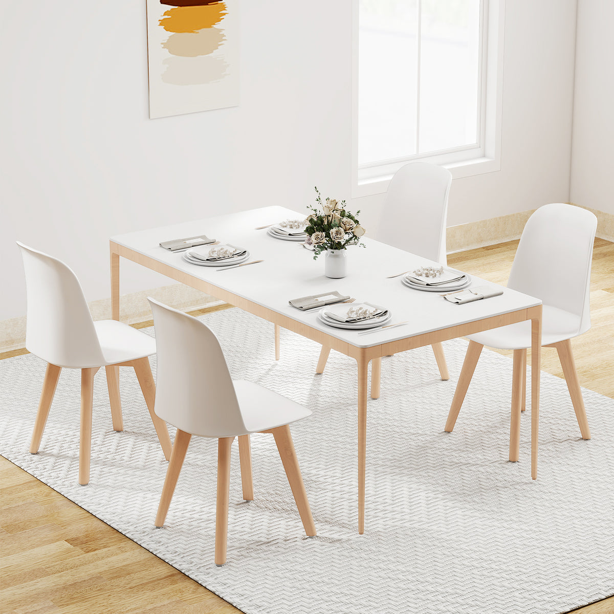 Dining Chair Set of 2 - White, Beech Wood Legs, Tilt Backrest