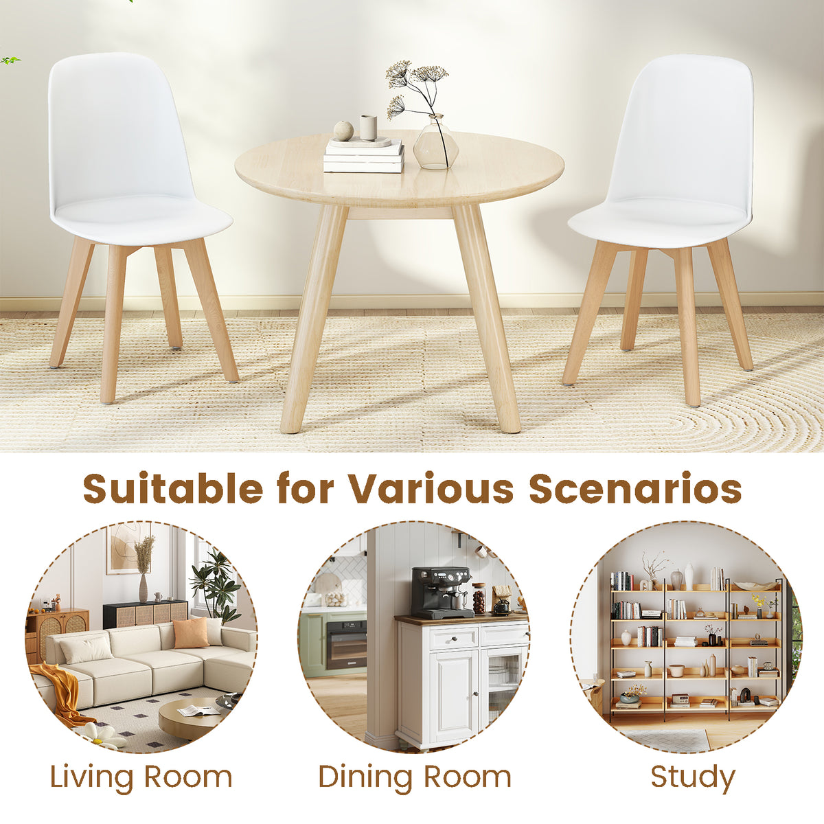 Dining Chair Set of 2 - White, Beech Wood Legs, Tilt Backrest