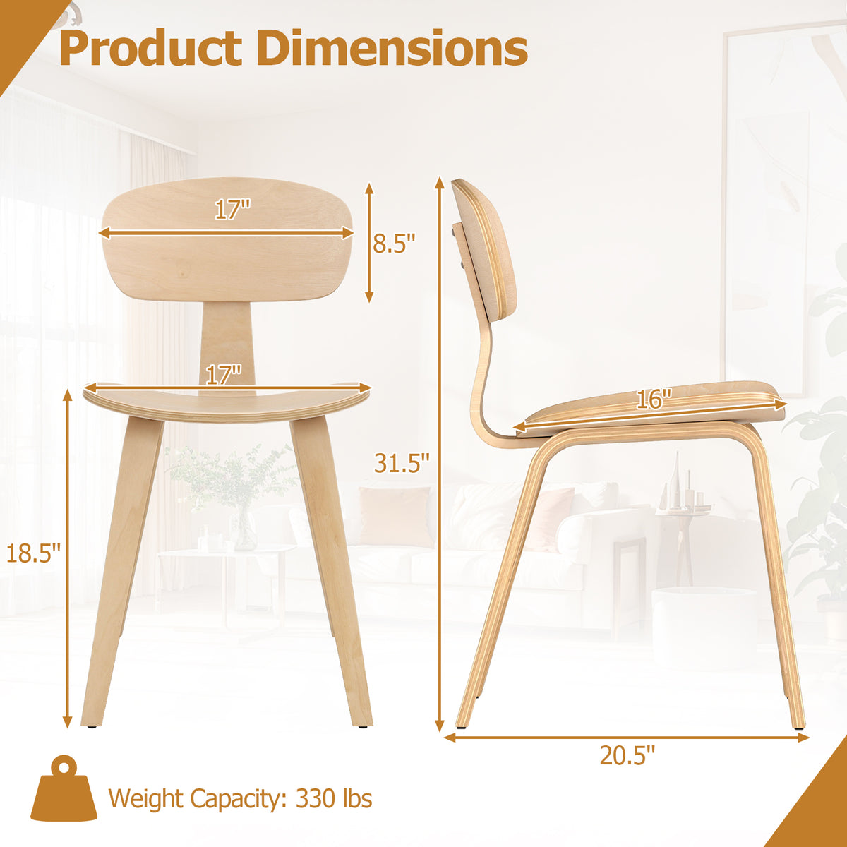 Dining Chair Set of 2, Bentwood, Natural - Ergonomic Backrest