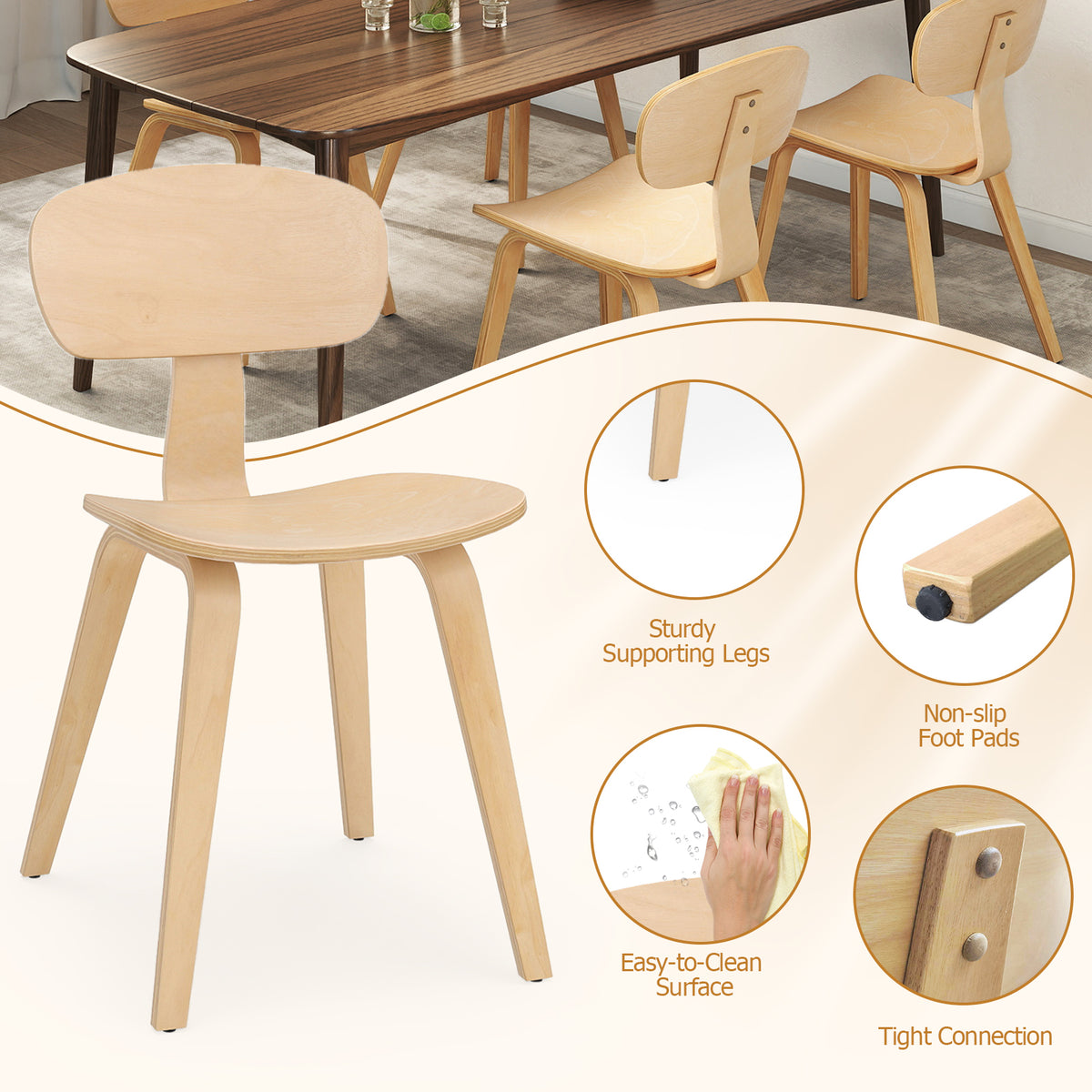 Dining Chair Set of 2, Bentwood, Natural - Ergonomic Backrest