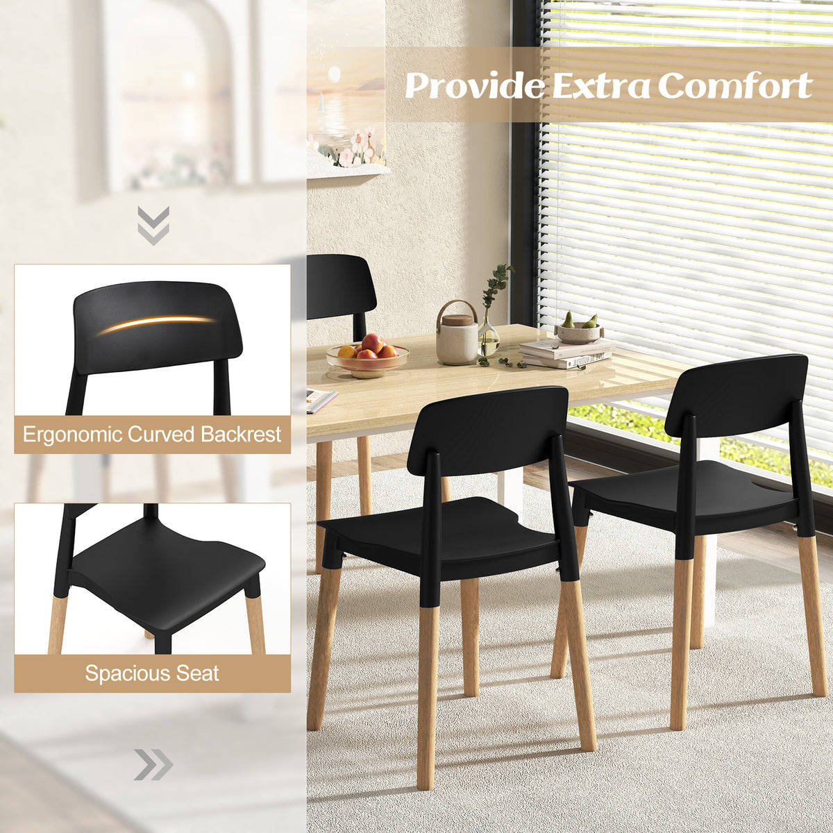 Dining Side Chairs Set of 4 with Ergonomic Backrest - Black