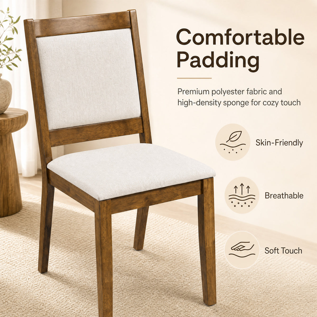 Upholstered Dining Chairs Set of 2 with Padded Backrest – Brown Farmhouse