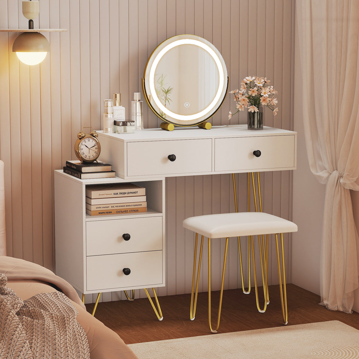 Dressing Table with LED Mirror & Storage Cabinet, Off White