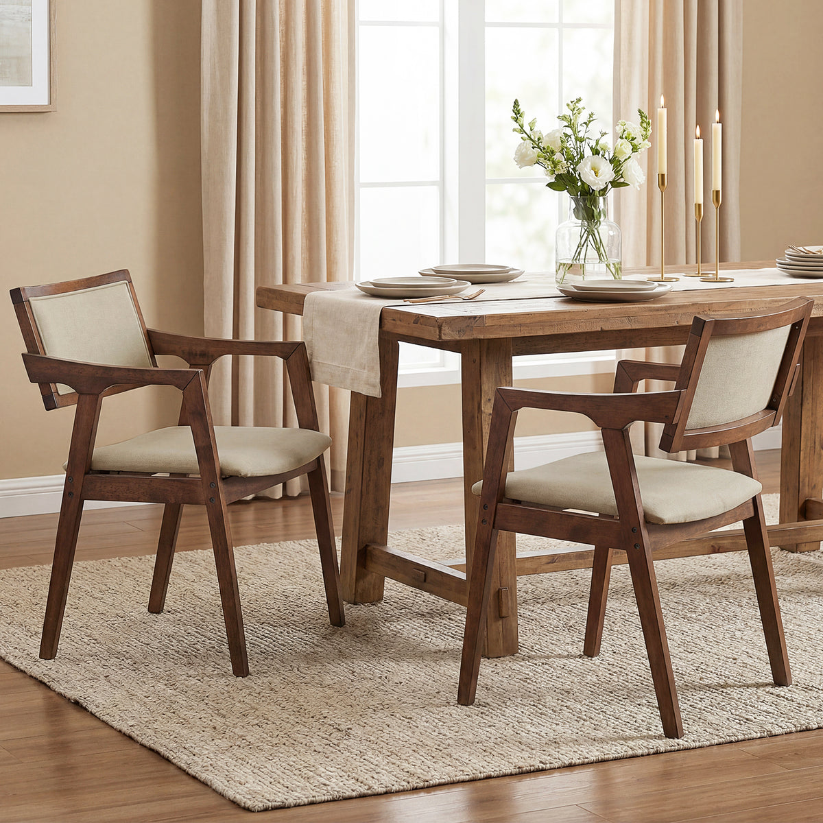 Upholstered Dining Chairs Set of 2 with Arms - Beige