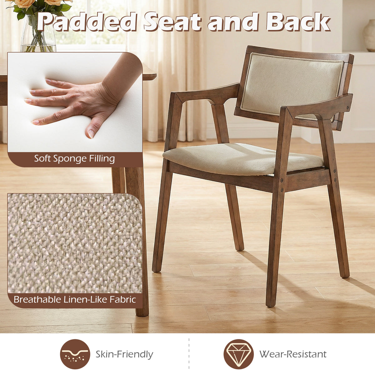 Upholstered Dining Chairs Set of 2 with Arms - Beige