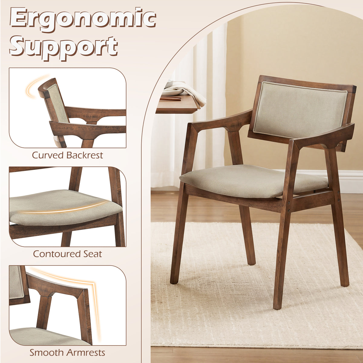 Upholstered Dining Chairs Set of 2 with Arms - Beige