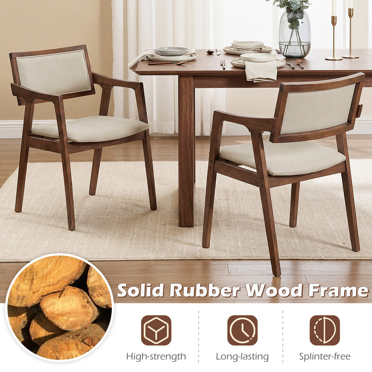 Upholstered Dining Chairs Set of 2 with Arms - Beige