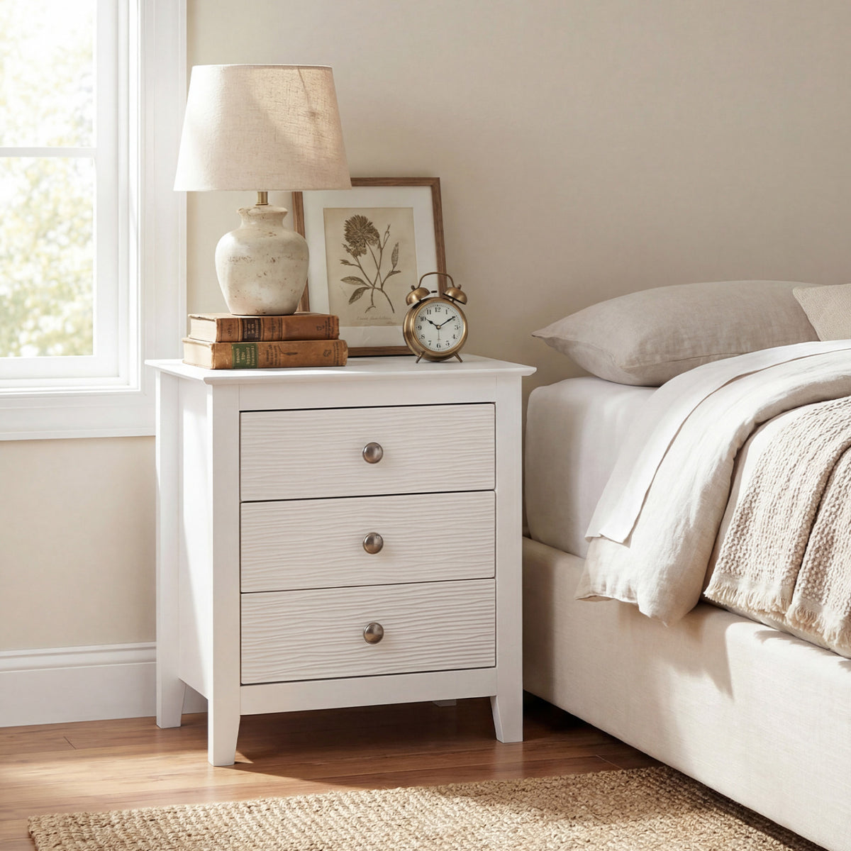 3-Drawer Nightstand with Wood Grain Accents, White