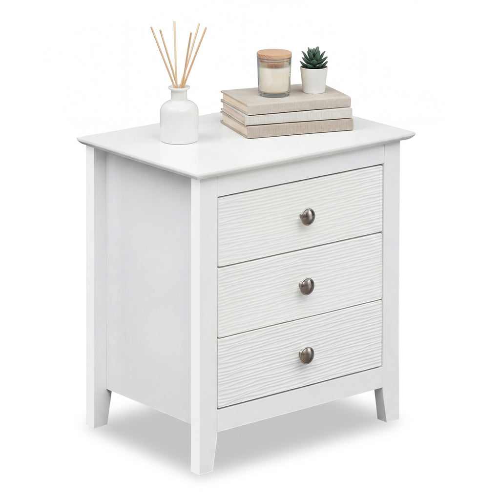 3-Drawer Nightstand with Wood Grain Accents, White
