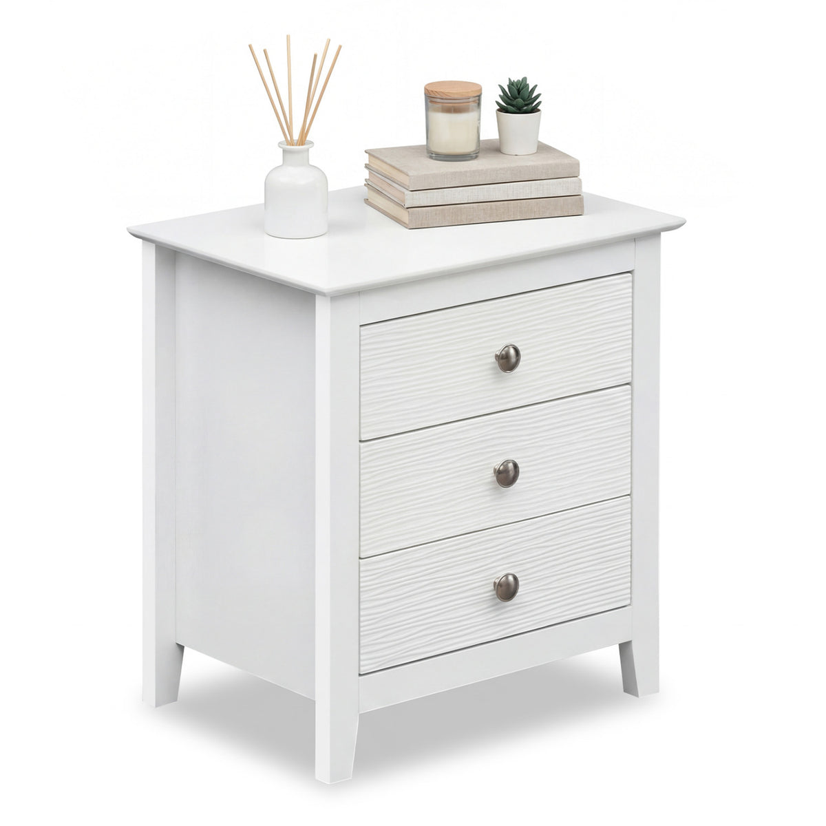 3-Drawer Nightstand with Wood Grain Accents, White
