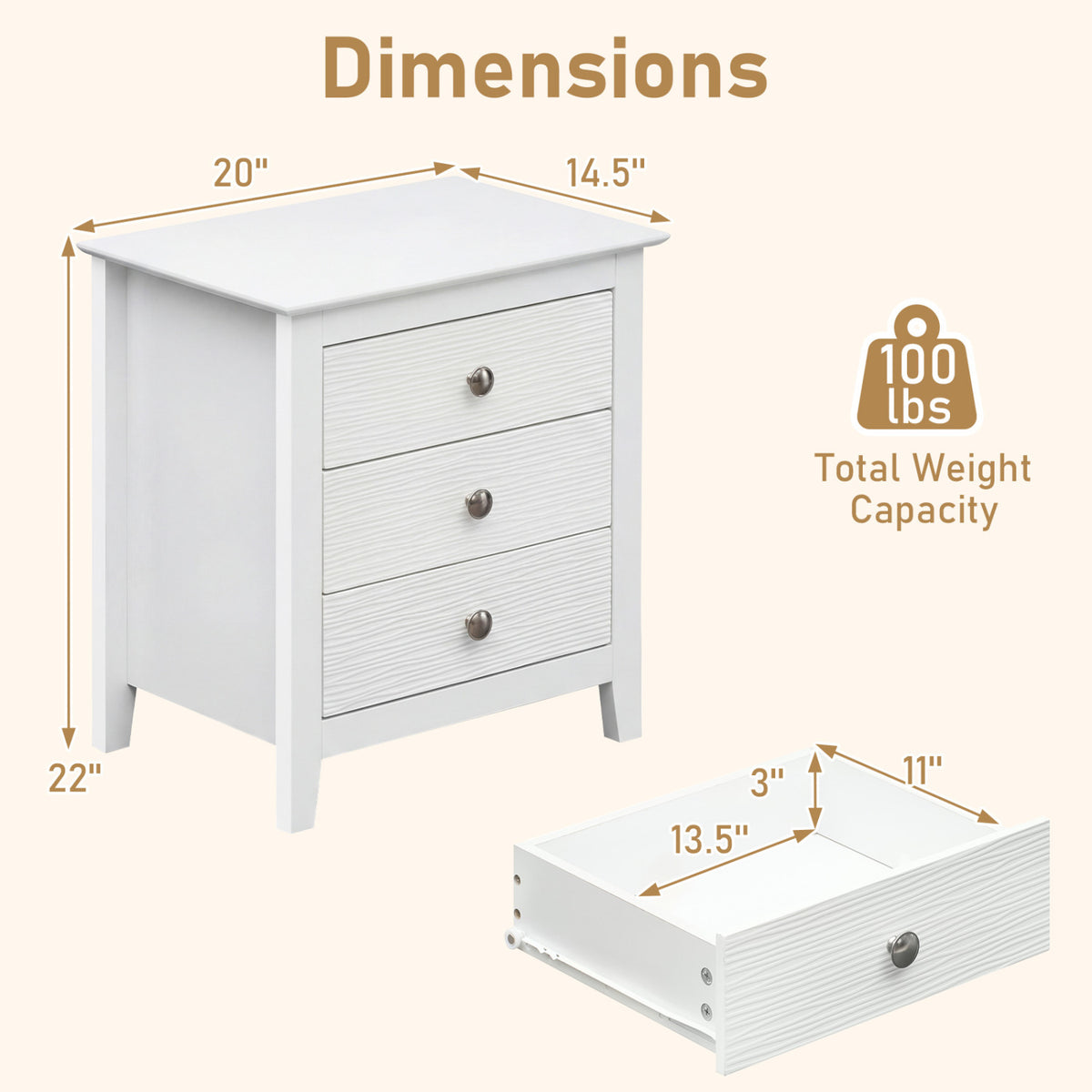 3-Drawer Nightstand with Wood Grain Accents, White