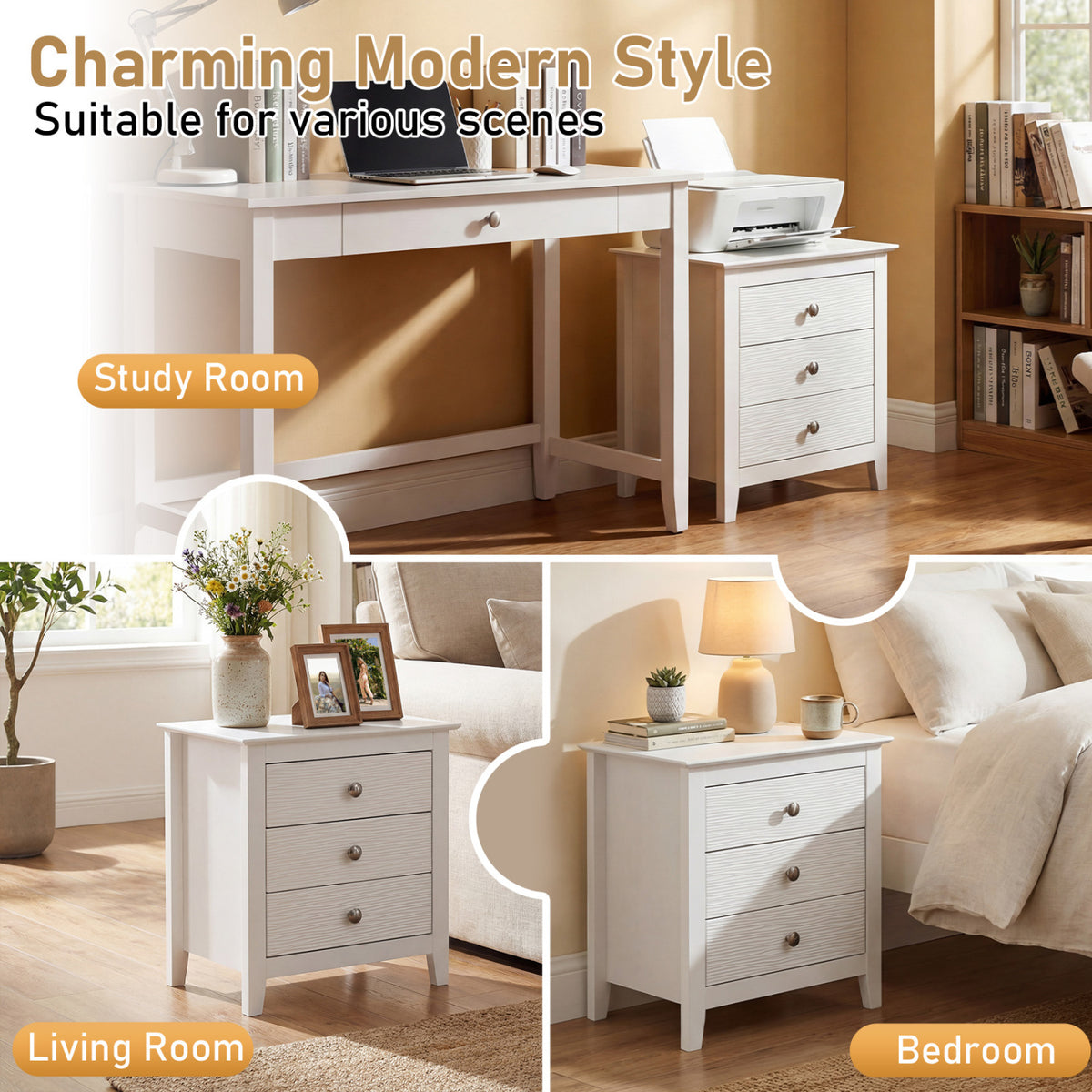 3-Drawer Nightstand with Wood Grain Accents, White